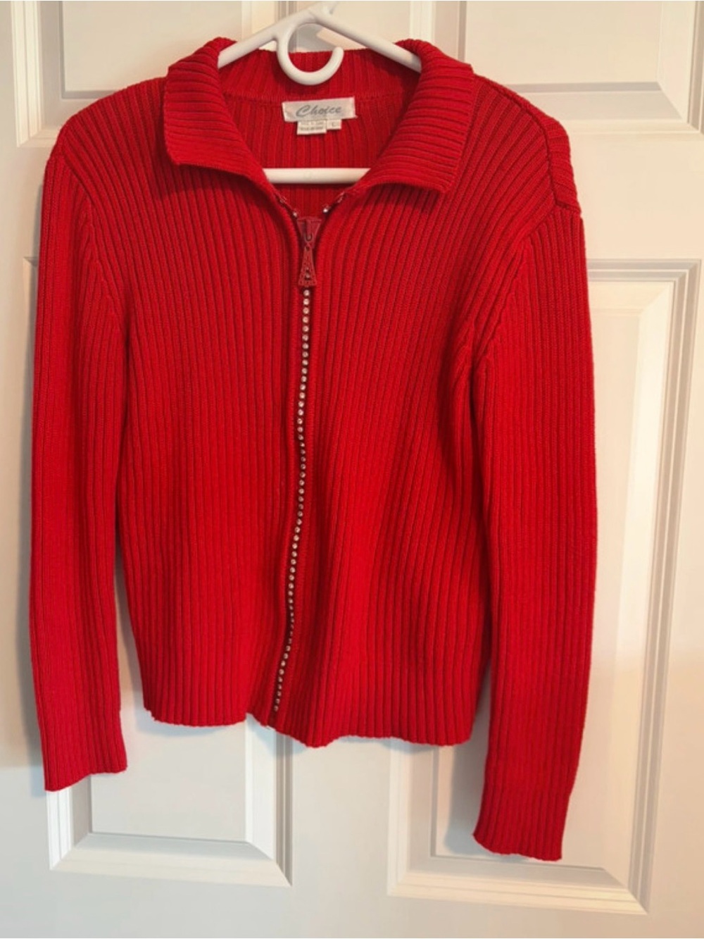 Red Ribbed Zip-Up Cardigan with Rhinestone Zipper